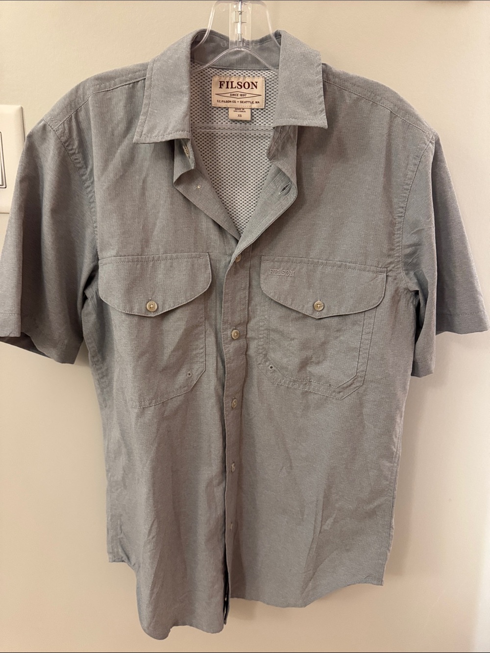 Filson Light Grey Blue Short-Sleeve Button-Down Fishing Shirt Mens Sm